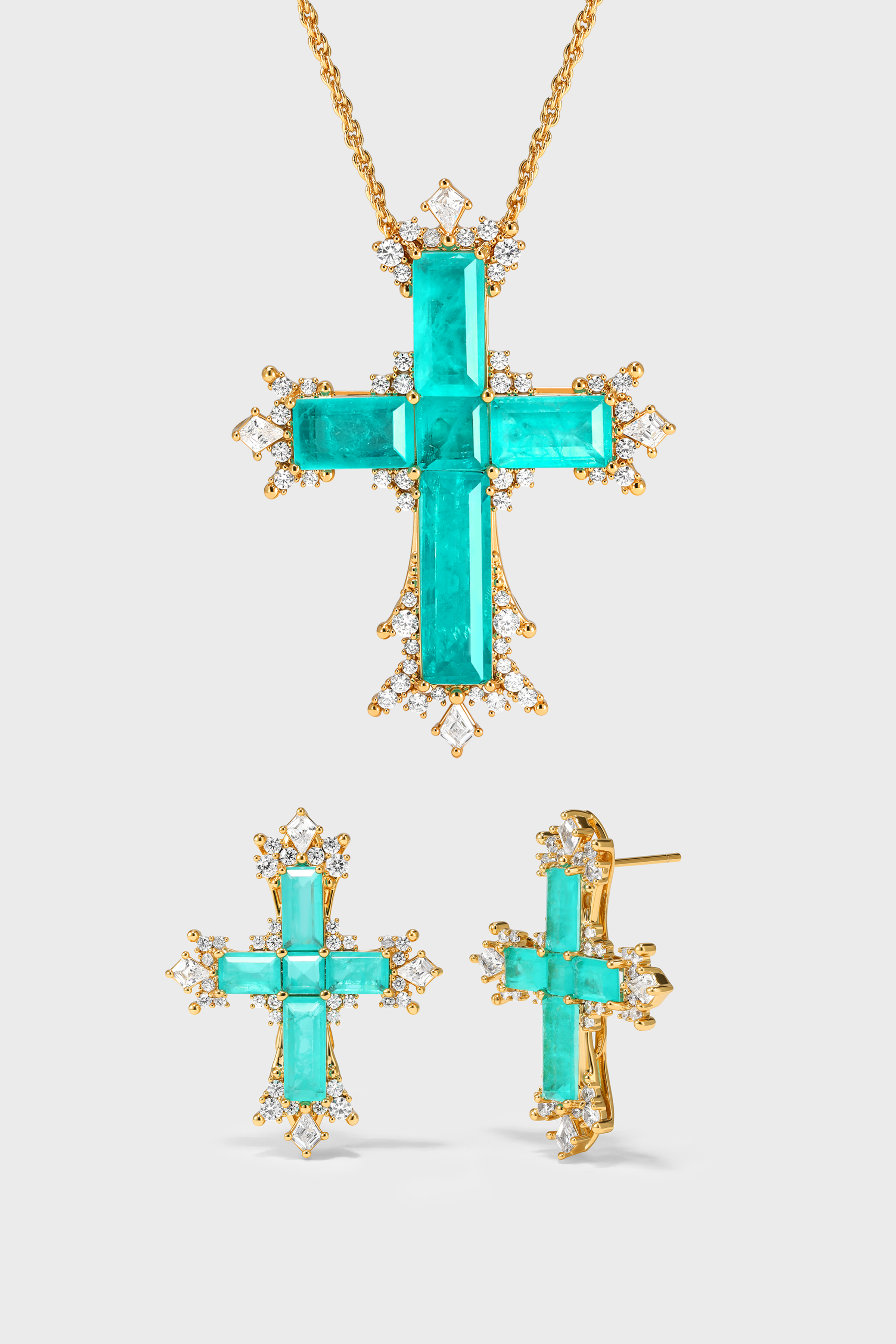 Paraiba Cross Jewelry Set – Gold Large Necklace & Earrings - booneealus