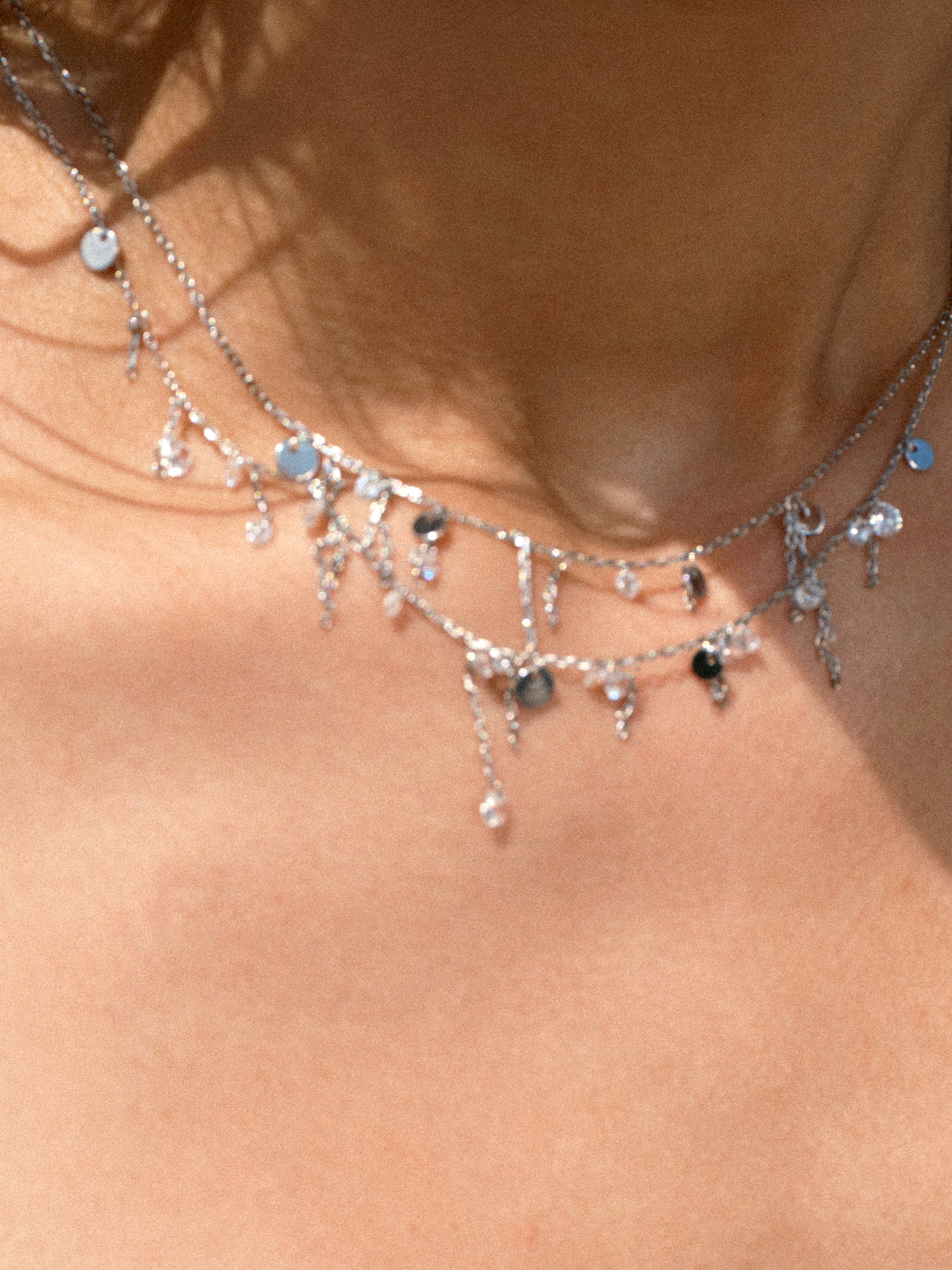 Multi-metal Disc and Zircon Tassel Double Layer Necklace - booneealus