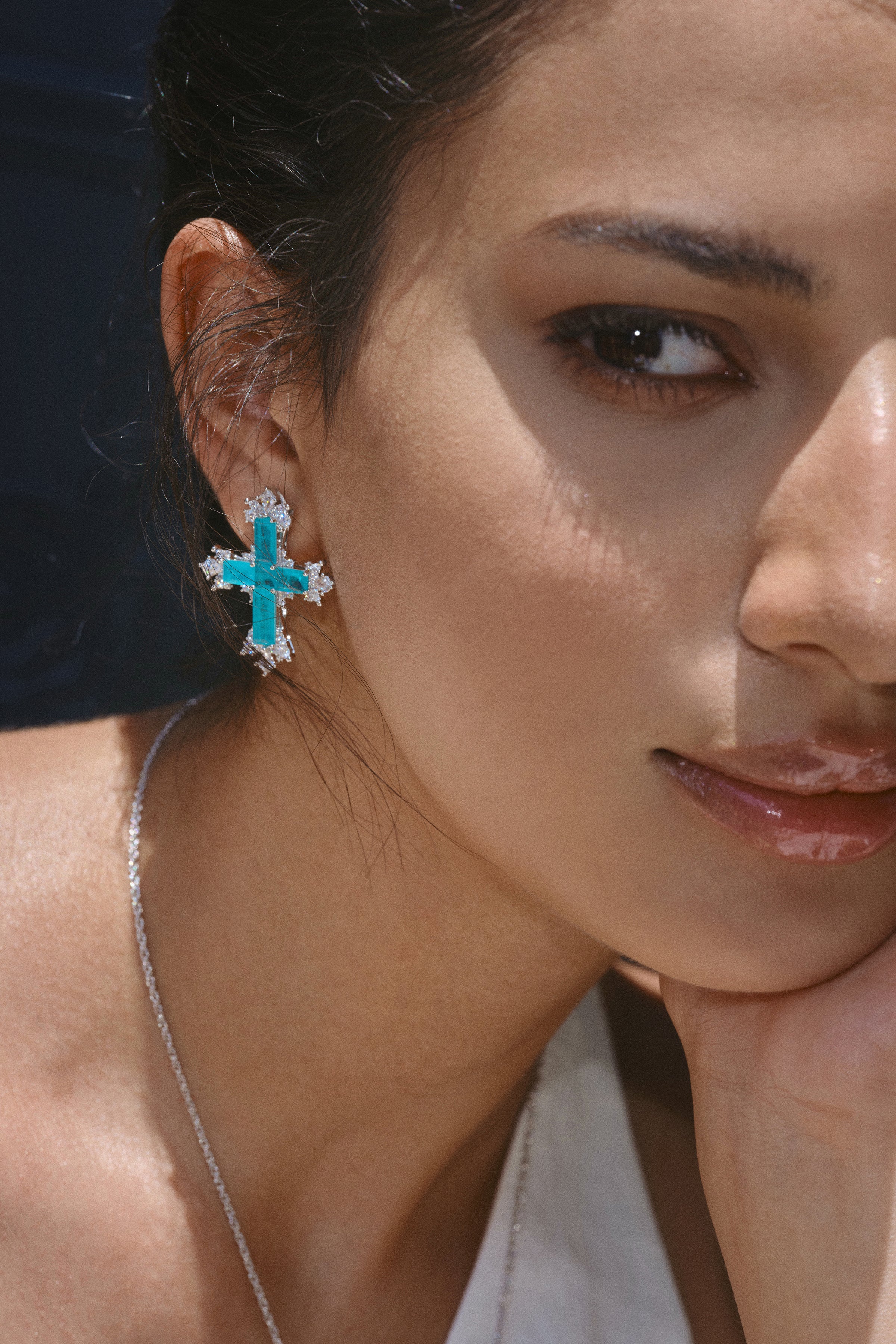 Paraiba Cross Jewelry Set – Silver 3-Piece Collection (Large Necklace) - booneealus