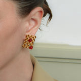 Red Agate Woven Square Hollow Earrings – 24K Gold Plated, 925 Silver Posts