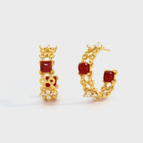 Red Agate & CZ Woven C-Hoop Earrings – 24K Gold Plated