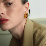 Red Agate Woven Square Hollow Earrings – 24K Gold Plated, 925 Silver Posts