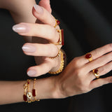 Woven Chain Red Agate Cabochon Ring – 24K Gold Plated