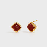 Sugar Pyramid Red Agate Woven Earrings – 24K Gold Plated, 925 Silver Posts