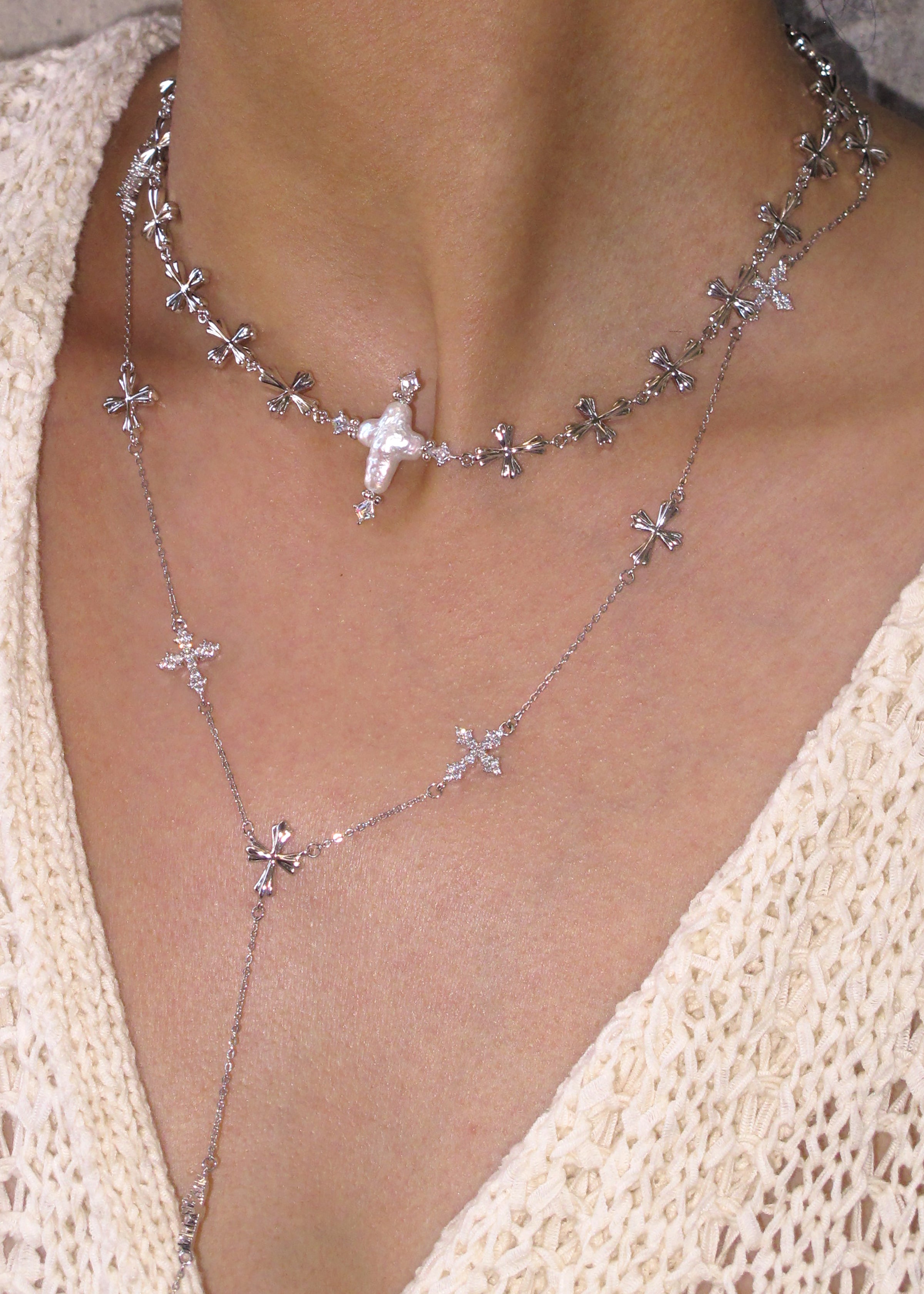 Forged Pilgrimage & Pearl Cross Cipher Necklace Set – Silver - booneealus