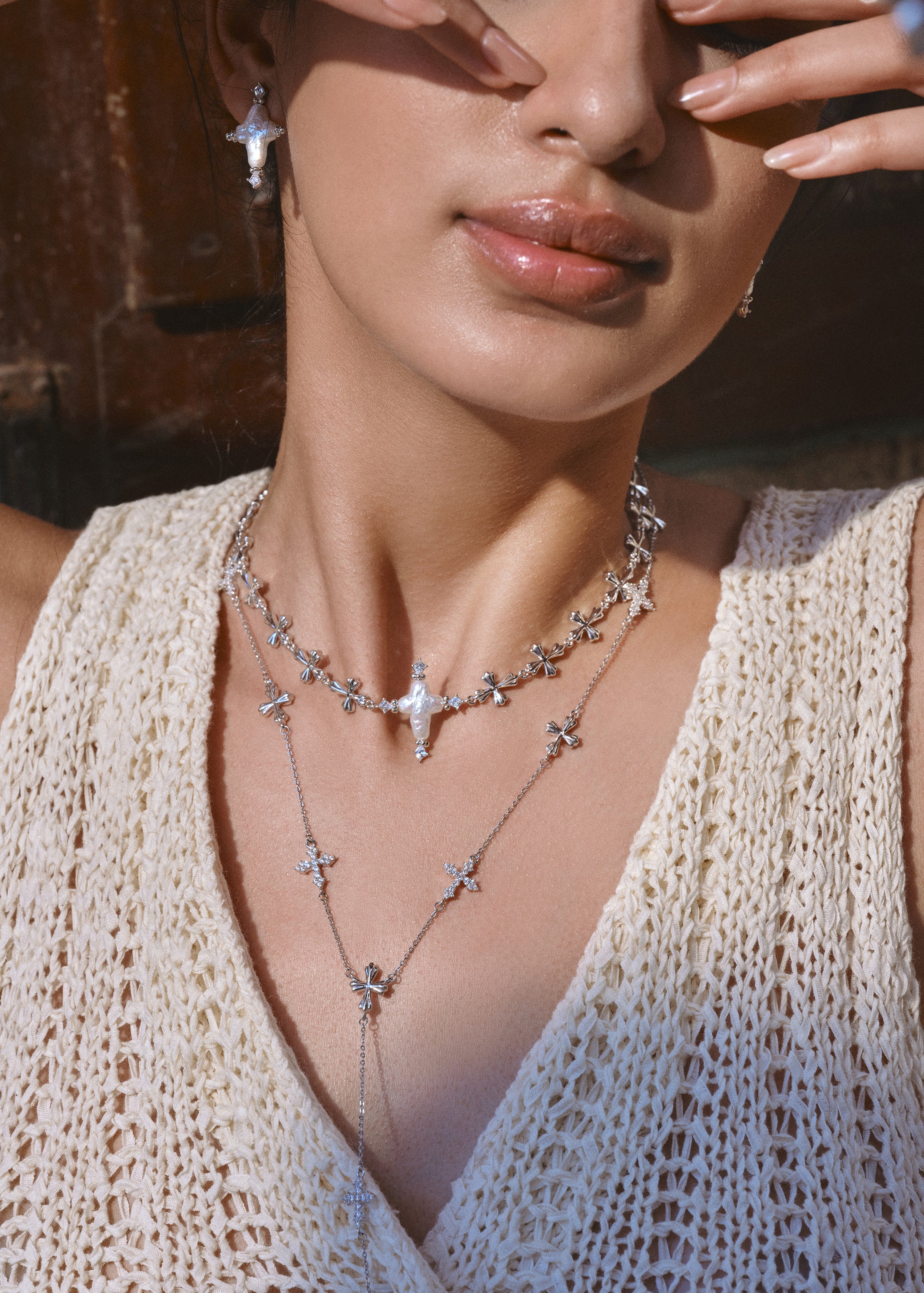 Forged Pilgrimage & Pearl Cross Cipher Necklace Set – Silver - booneealus