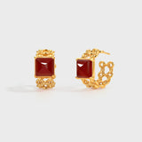 Sugar Pyramid Red Agate Woven Circle Earrings – 24K Gold Plated, 925 Silver Posts
