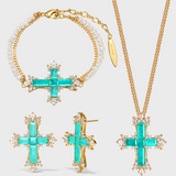 Paraiba Cross Jewelry Set – Gold 3-Piece Collection (Small Necklace) - booneealus