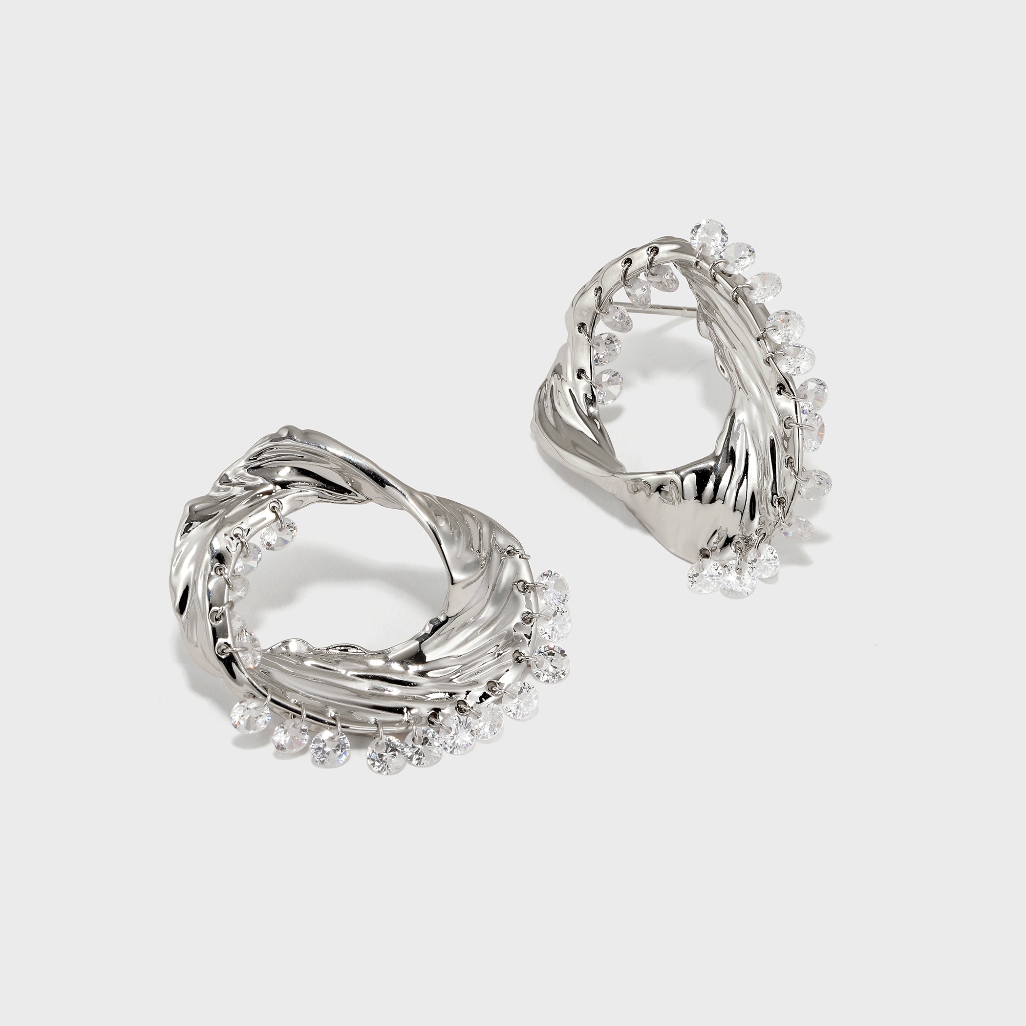 Metal Texture Oval Studs with Zircon Tassels - booneealus