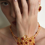 Woven Hollow Sugarloaf Red Agate Open Cuff Bracelet