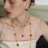 Double-Sided Red Agate Woven Chain Necklace – 24K Gold Plated