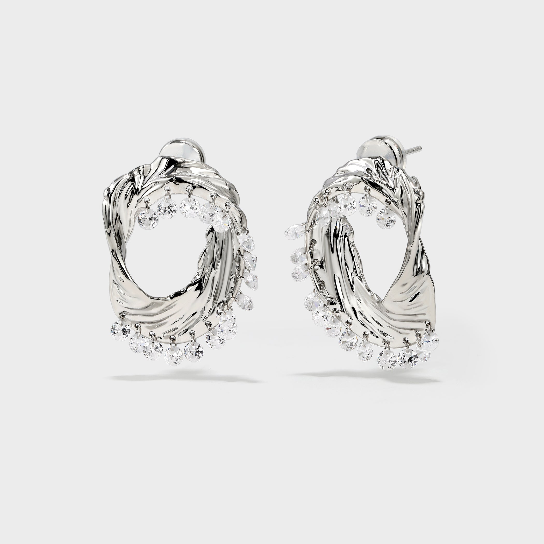 Metal Texture Oval Studs with Zircon Tassels - booneealus