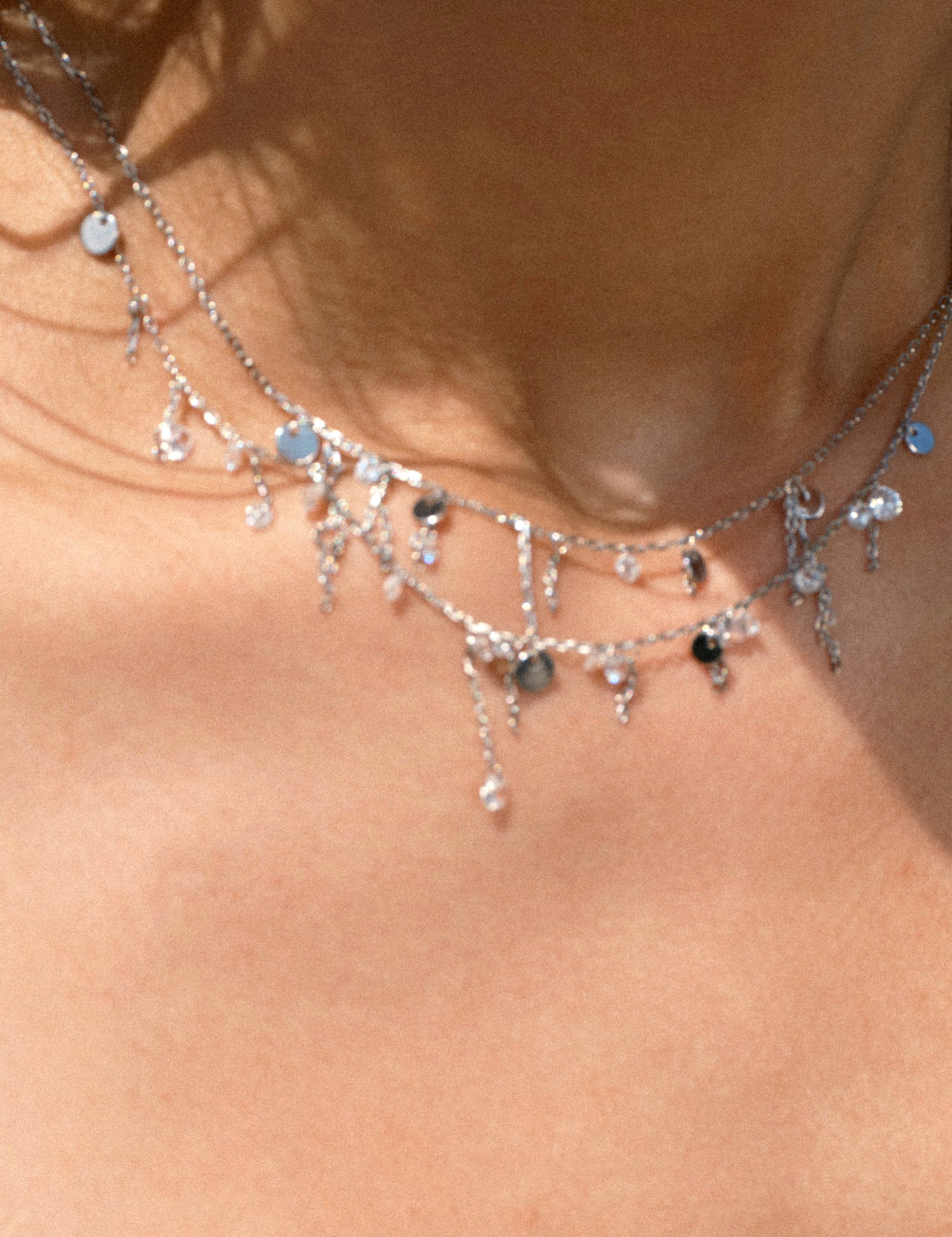 Multi-metal Disc and Zircon Tassel Double Layer Necklace - booneealus