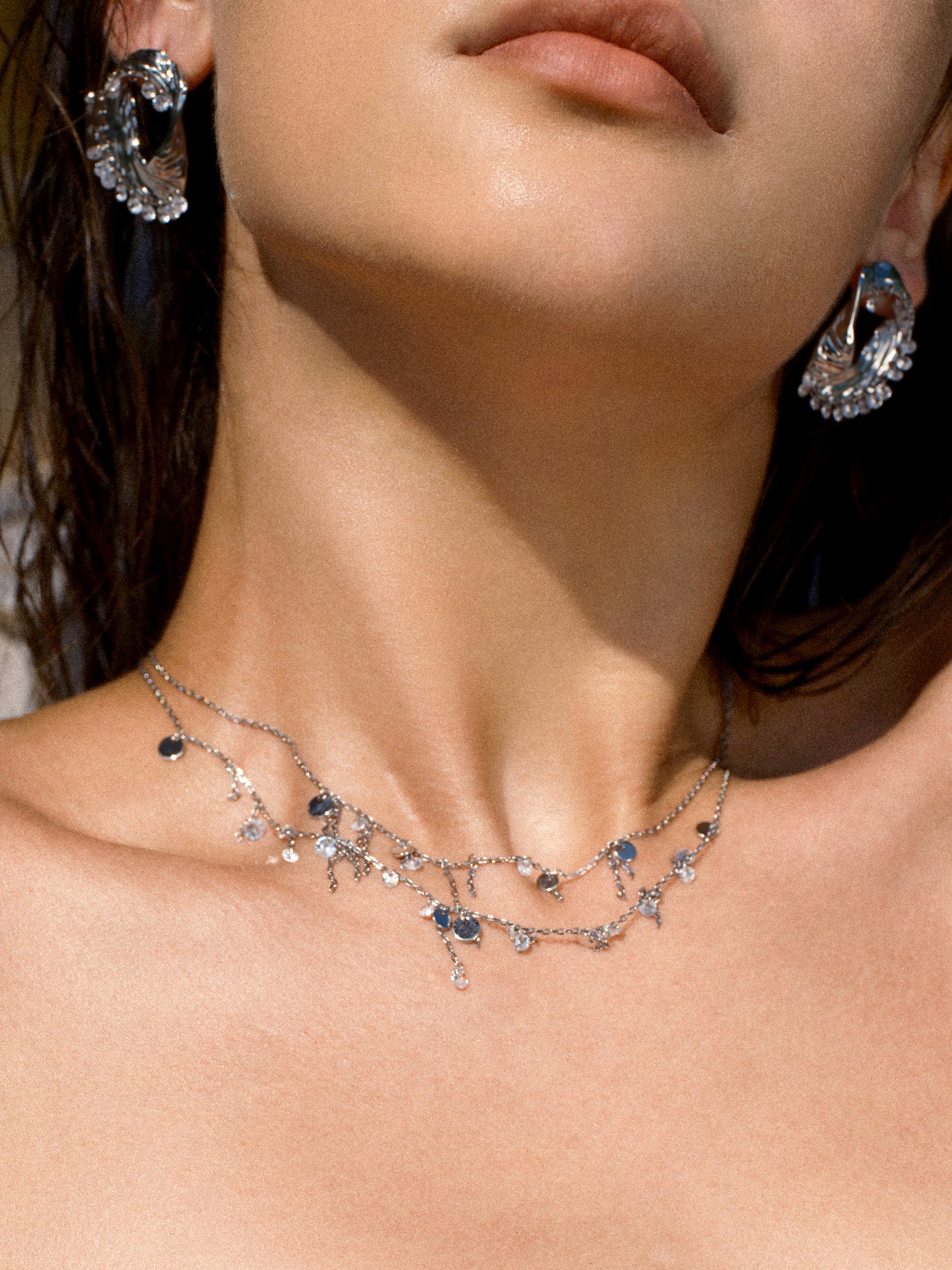 Multi-metal Disc and Zircon Tassel Double Layer Necklace - booneealus