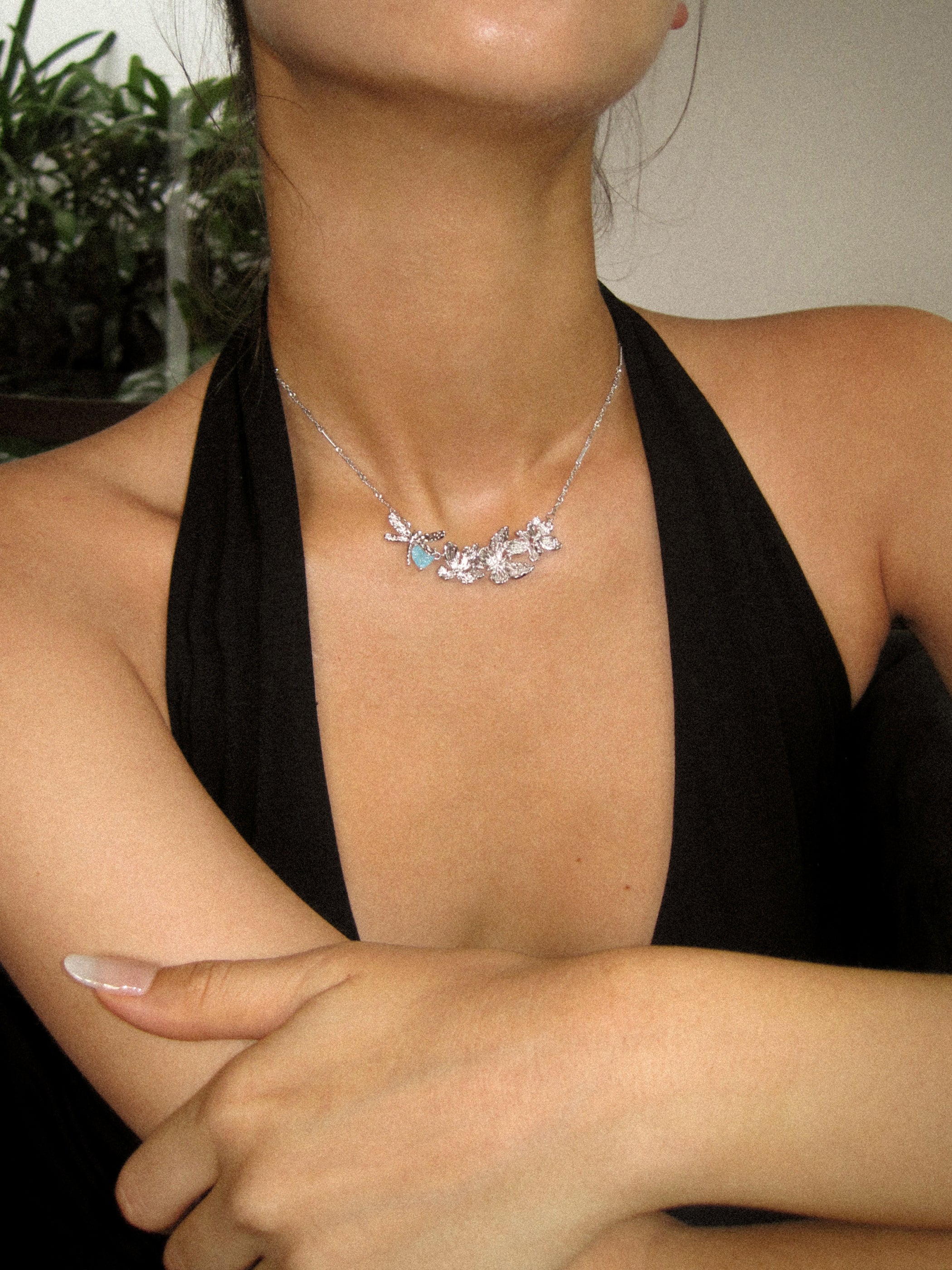 Zircon Butterfly Flower and Dragonfly Necklace - booneealus