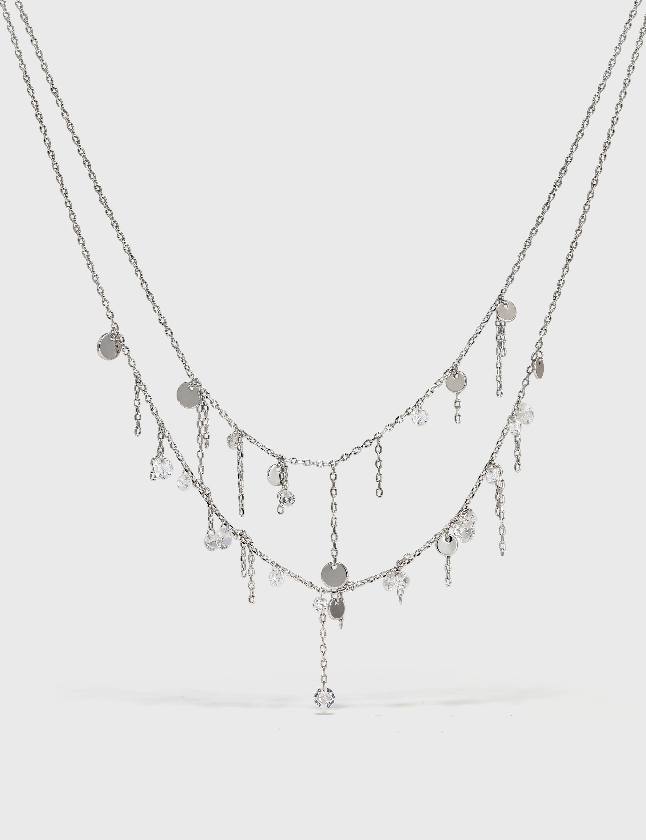 Multi-metal Disc and Zircon Tassel Double Layer Necklace - booneealus