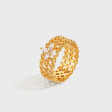 Woven Lace Four-Leaf Clover CZ Ring – 24K Gold Plated