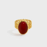 Woven Chain Red Agate Cabochon Ring – 24K Gold Plated