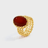 Woven Chain Red Agate Cabochon Ring – 24K Gold Plated